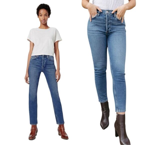 Re/Done High Rise Ankle Crop Button-Fly Jeans  in Mid 70s Wash Size 28 - Picture 1 of 8